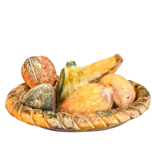 Vintage Mexican Folk Art Hand Painted Terracotta Fruit Bowl Centerpiece Decor